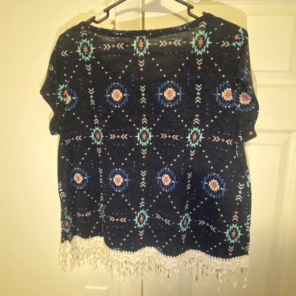 Rewind Dark Blue Aztec Crop Top with Fringe - Picture 2 of 3